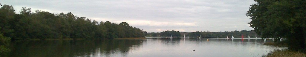 A view across the Frensham Great Pond fishing lake on a cloudy afternoon.