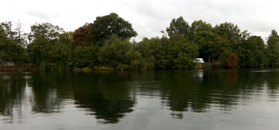 Chertsey campsite viewed from across the Thames where angling is permitted on the site.
