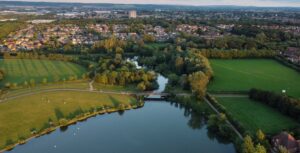 An ariel view of part of Furzton Lake