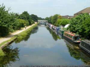 A view along the Grand Union Canal fishing venue in Uxbridge on a sunny summer day