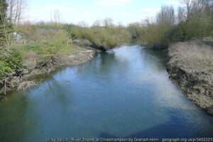 A late winter view on a bright day of the River Thame at Chiselhampton