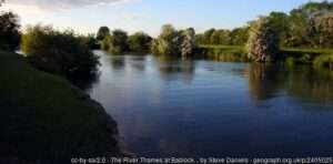 A view across the Thames Bablock Hythe angling venue on a bright evening